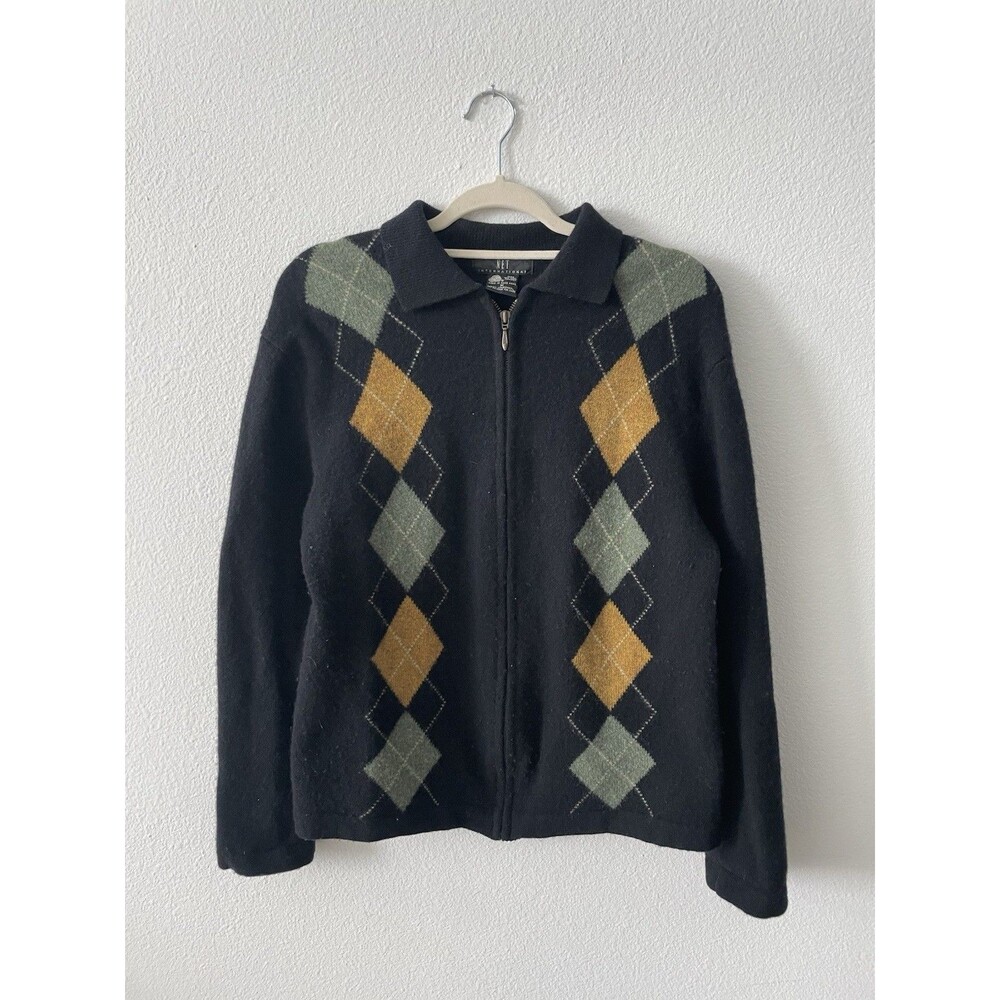 NET International Lambswool Zip Up Jacket Men's M Argyle Diamond Preppy Collared